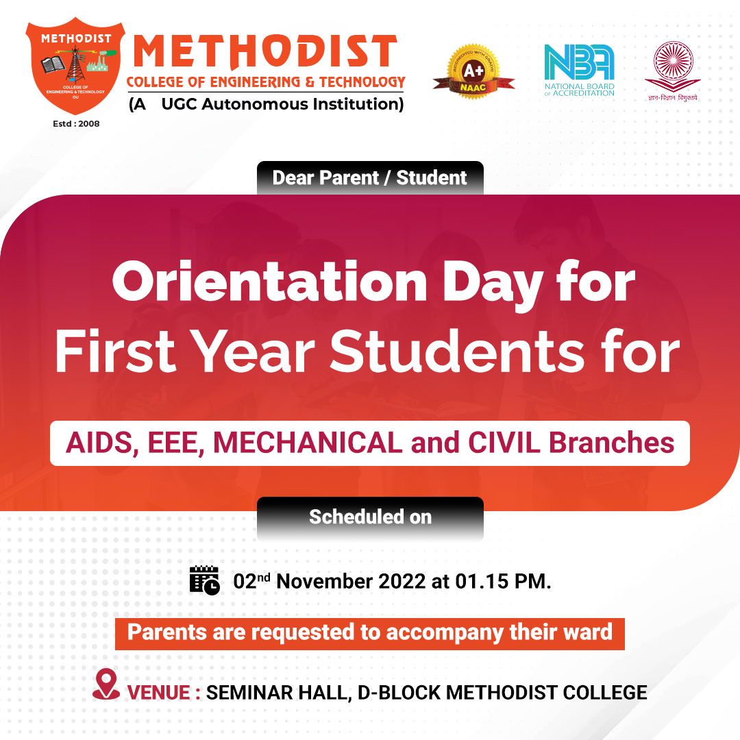 MCETHyderabad's tweet photo. Orientation Day 2022 for first year students.
Live link : https://t.co/lxSWODYzPp
#MCET #OrientationDay #Orientation #students #OrientationDay2022 #Freshers #AIDS #EEE #Mechanical #Civil #EngineeringCollege #BestCollege #MethodistCollegeOfEngineeringAndTechnology #BestEngineering https://t.co/bfNIJSYVjw