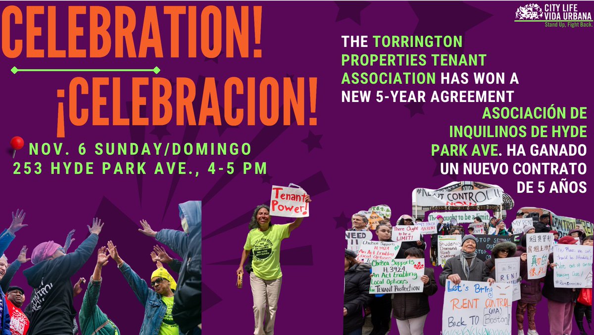 Celebrate w/ us Sun, Nov 6! 🎉Another tenant association victory, this time for Torrington Properties Tenant Association of JP! The TA negotiated a 5-yr lease contract w/ owner for 2-3% rent increase caps per year. This is the power of organizing w/ your neighbors! #bospoli