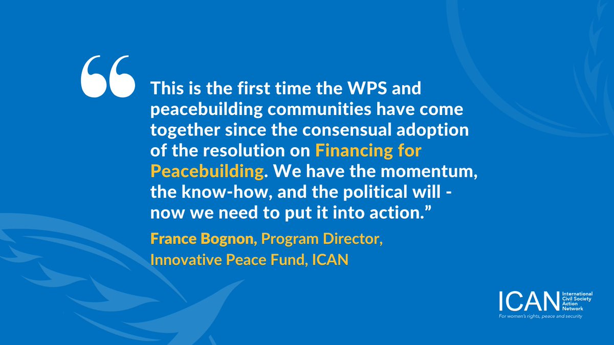 Last week, ICAN co-hosted a roundtable discussion to assess the impact of the new Financing for Peacebuilding resolution on existing funding frameworks & identify concrete avenues to improve financing for women-led #peacebuilding organizations. #FeministFinancing #InvestInTrust