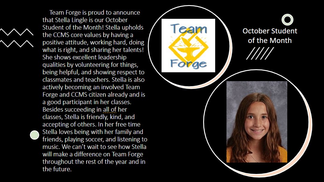 TeamForge (@teamforgeccms) on Twitter photo <a href="/TeamForgeCCMS/">TeamForge</a>
is proud to present our Student of the Month for October! Congratulations to Stella. Keep up the excellent work! #CCMS #StudentLeaders #ForgingAhead
<a href="/MrsMcDaidCCMS/">Terri McDaid</a> <a href="/MrsLealCCMS/">MrsLealCCMS</a> <a href="/MrRuggCCMS/">Mr. Rugg</a> @MrBurtonCLSD <a href="/TeamForgeCCMS/">TeamForge</a>
is proud to present our Student of the Month for October! Congratulations to Stella. Keep up the excellent work! #CCMS #StudentLeaders #ForgingAhead
<a href="/MrsMcDaidCCMS/">Terri McDaid</a> <a href="/MrsLealCCMS/">MrsLealCCMS</a> <a href="/MrRuggCCMS/">Mr. Rugg</a> @MrBurtonCLSD