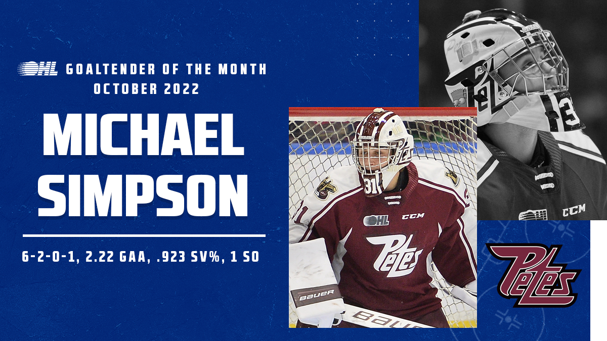 Turning in six wins with a 2.22 goals-against average and .923 save percentage, <a href="/PetesOHLhockey/">Peterborough Petes</a>'s Michael Simpson is the #OHL Goaltender of the Month for October. bit.ly/3Uk01i1