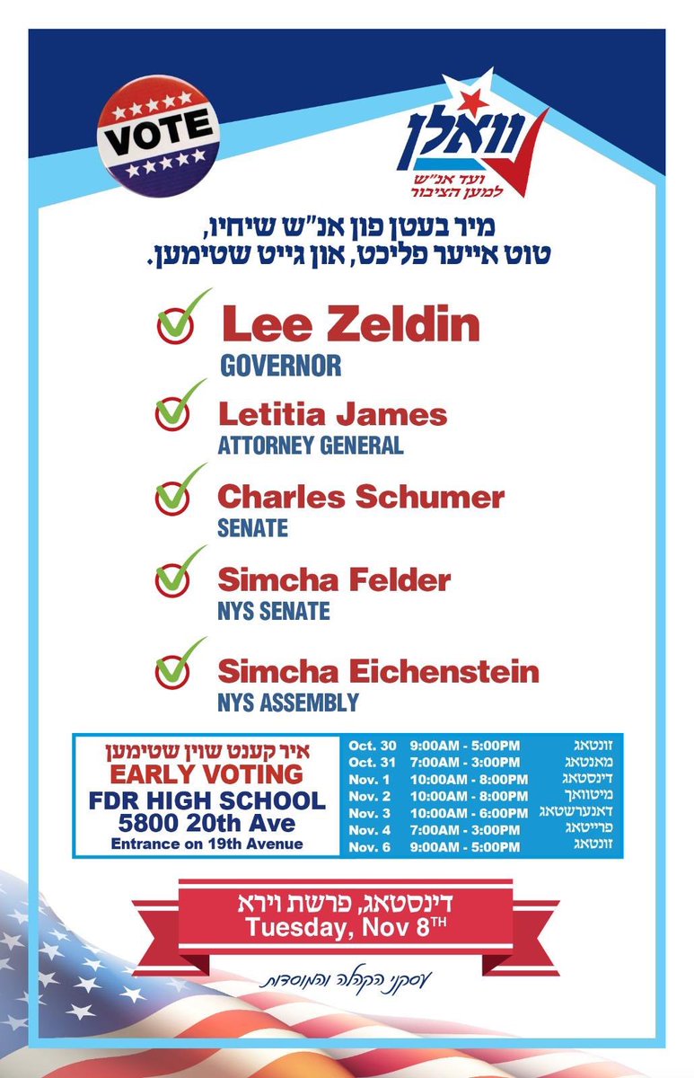 🚨Big endorsement for @leezeldin in the Orthodox community. The Bobov Hasidic sect, the largest voting bloc in Borough Park, is backing Zeldin for #NYGov while supporting other incumbent Dems.