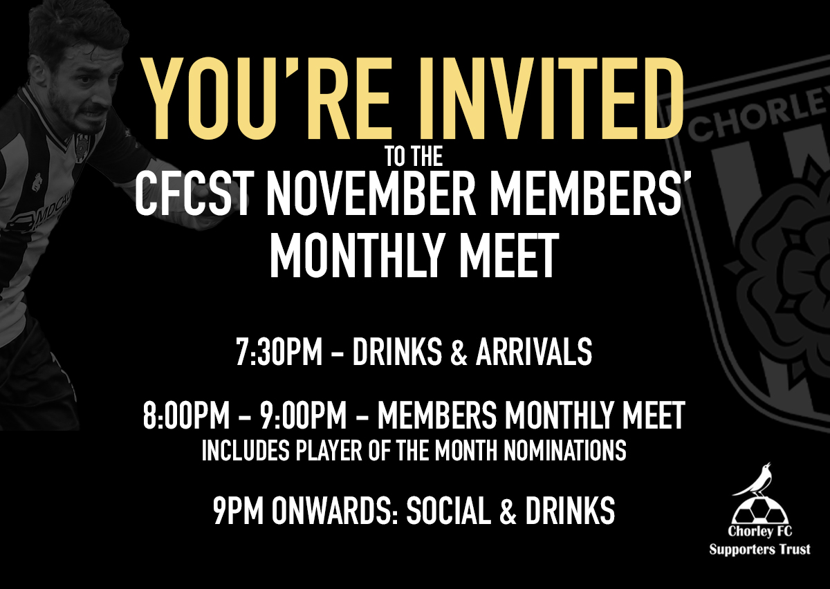 MagpiesTrust's tweet photo. Come down to Victory Park this Thursday for our @ChorleyFC Supporters Trust November Monthly Meet 

See details 📲 https://t.co/J9XrTok2pl https://t.co/iwQkwgjC2S