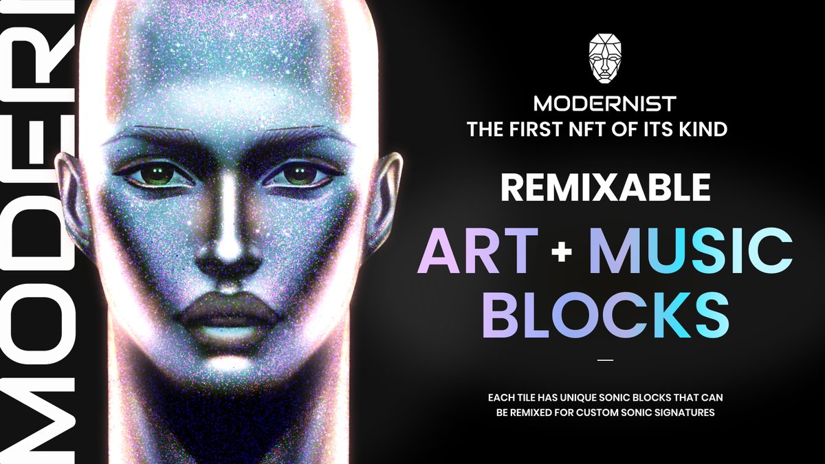 ModernistXYZ's tweet image. The first NFT PFP of its Kind!

Introducing: REMIXABLE ART &amp;amp; MUSIC BLOCKS

Each #Modernist #NFT has 4 Tiles and each tile has a Music Block attached to it.

Through #SplitMinting, you can remix those Tones to create your own unique Sonic Signatures.

🔗 discord.gg/modernistnft