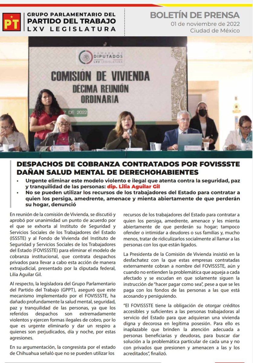 DiputadosPTmx's tweet photo. 📰 #Boletín || Despachos de cobranza contratados por @FOVISSSTEmx dañan salud mental de derechohabientes: Dip.  @liliaaguilarmx 👇 https://t.co/iVj9dyNrSk