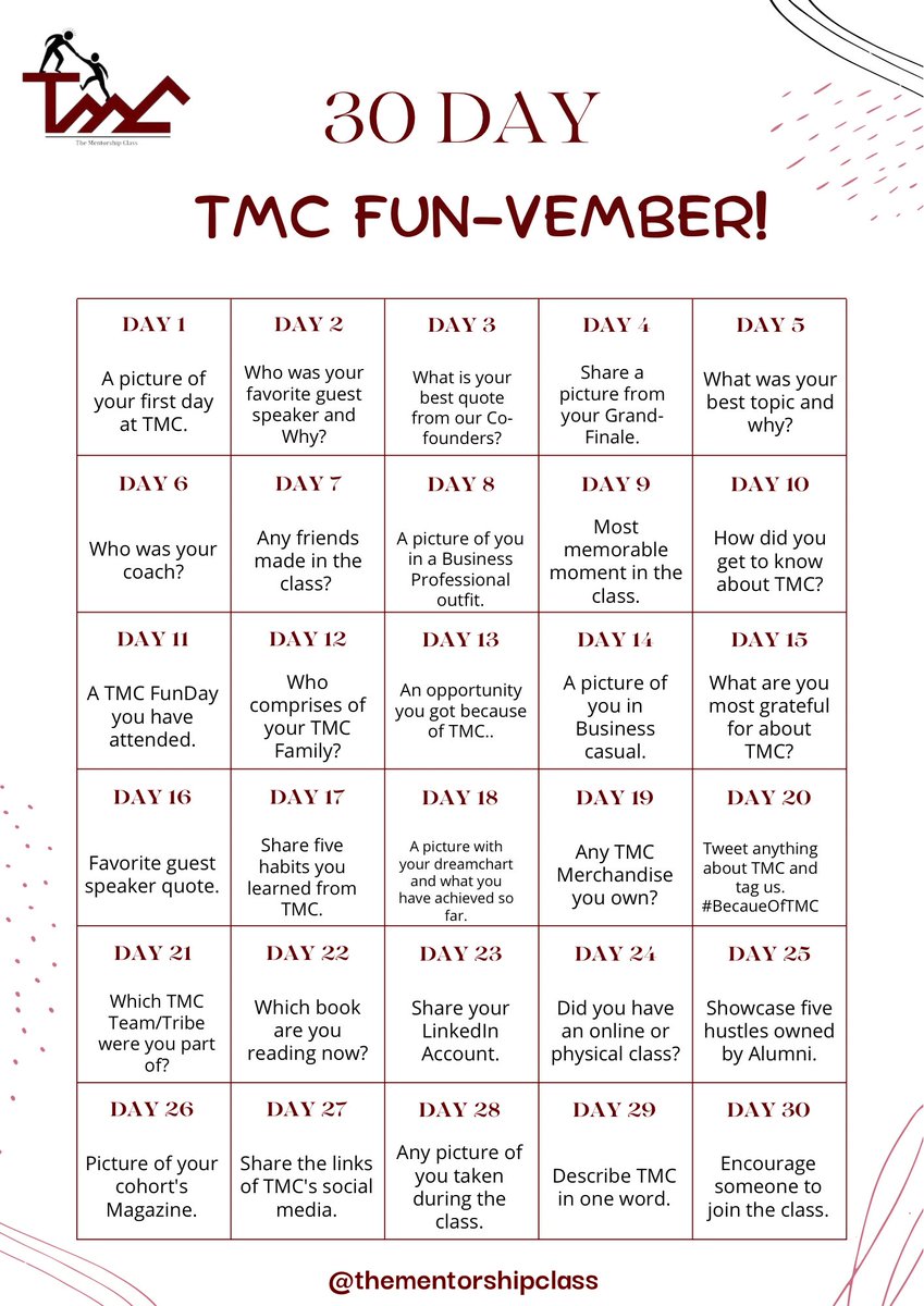 Mentorshipclass's tweet photo. Happy New Month.β¨ The Alumni Community of @Mentorshipclass @TmcAlumni is having a wholesome November this year with a new challenge #TMCFunvember where we walk down memory lane and share about our TMC Experience in a fun way!π₯³(Thread)
#TheMentorshipClass https://t.co/6yd63giBTK