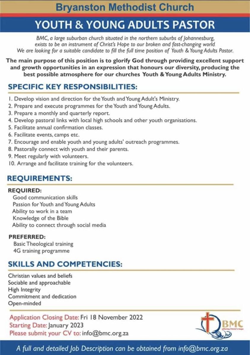 MethodistChSA's tweet photo. Are you called to Youth and Young Adults Ministry? Here is an opportunity for you! https://t.co/TXQ3Az1QlV