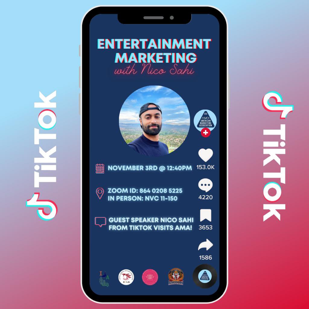 AMAatBaruch's tweet photo. Do you spend hours scrolling through TikTok? Want to know what it’s like to WORK at TikTok?

Join us this Thursday, November 3rd @ 12:40PM to hear from Nico Sahi, a current TikTok employee!

We’ll learn about entertainment marketing and Nico’s career journey🖥 https://t.co/Q372yhr9HM