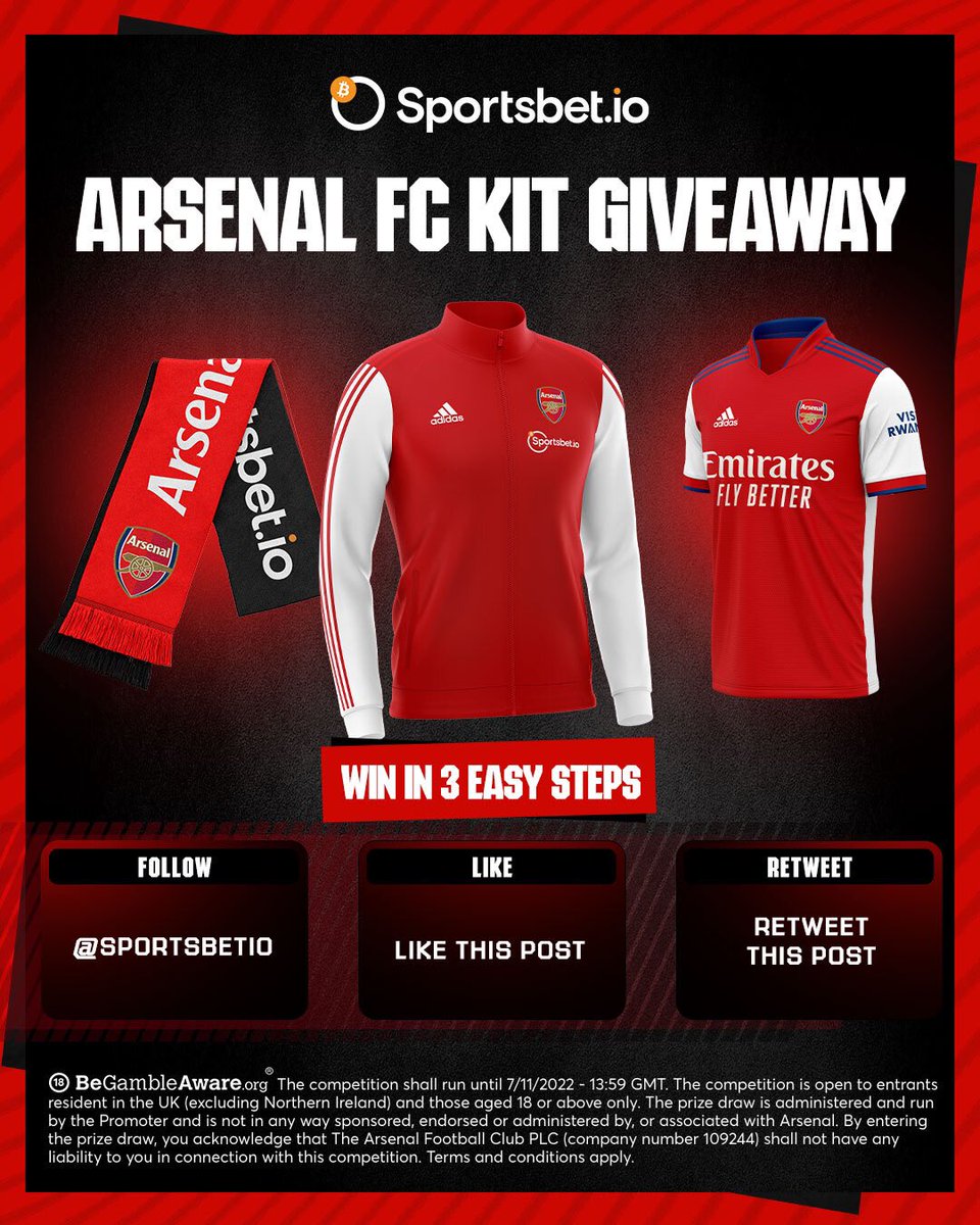 now_arsenaI's tweet image. 🚨ARSENAL GIVEAWAY!🚨

@now_arsenaI &amp;amp; @Sportsbetio have teamed to give away some big Arsenal merchandise, including a scarf, training jacket and 2021/22 home shirt!

To Enter:
1️⃣ Follow @Sportsbetio 
2️⃣ Like this tweet
3️⃣ Retweet this tweet

Good luck &amp;amp; get entering!🔴⚪️