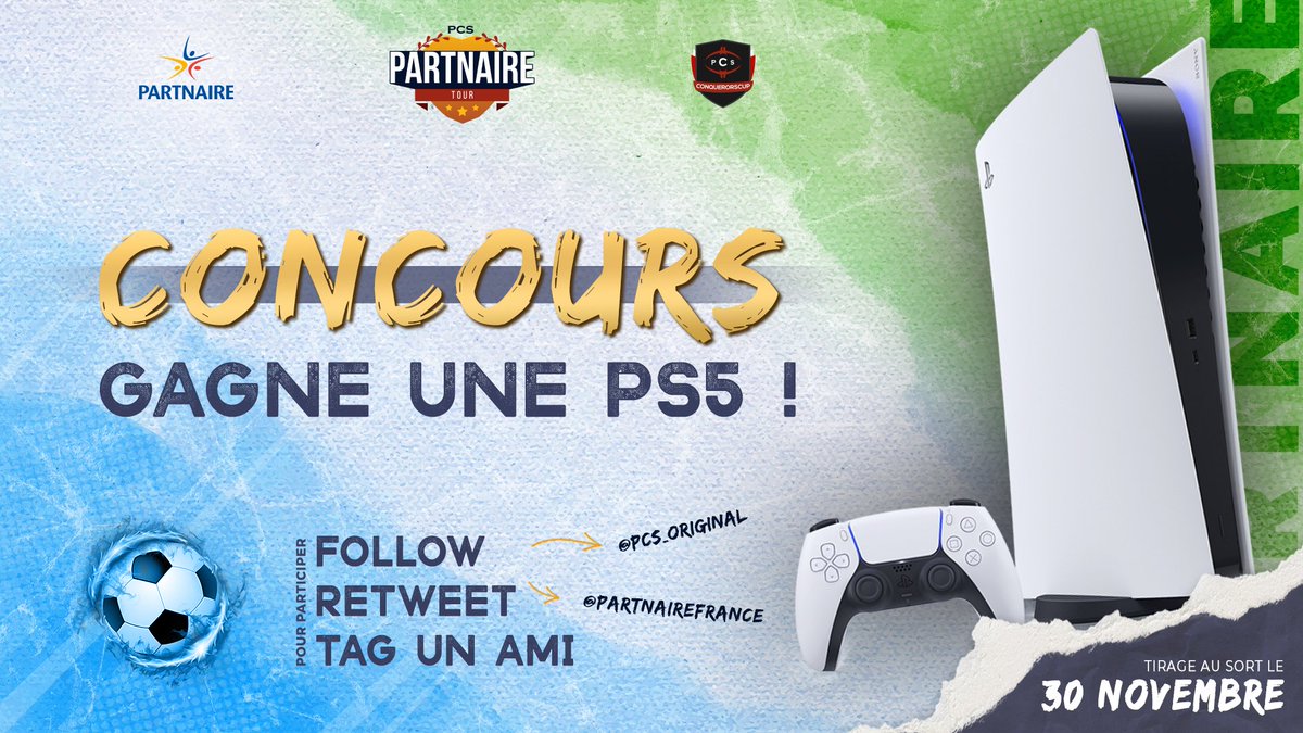 🔴| #CONCOURS |⚫

🚨Pour fêter l'arrivée du #PartnaireTour Winter, nous vous proposons un GROS #GIVEAWAY !

🎁 GAGNE une PS5 !

❤️#Follow <a href="/PCS_Original/">Project Conquerors (PCS)</a> &amp; <a href="/PartnaireFrance/">Partnaire France</a>
🔁#RT ce post
💬#TAG un(e) ami(e) en commentaire

TAS le 30/11/2022
Bonne chance !🍀
#Giveaways #FIFA23