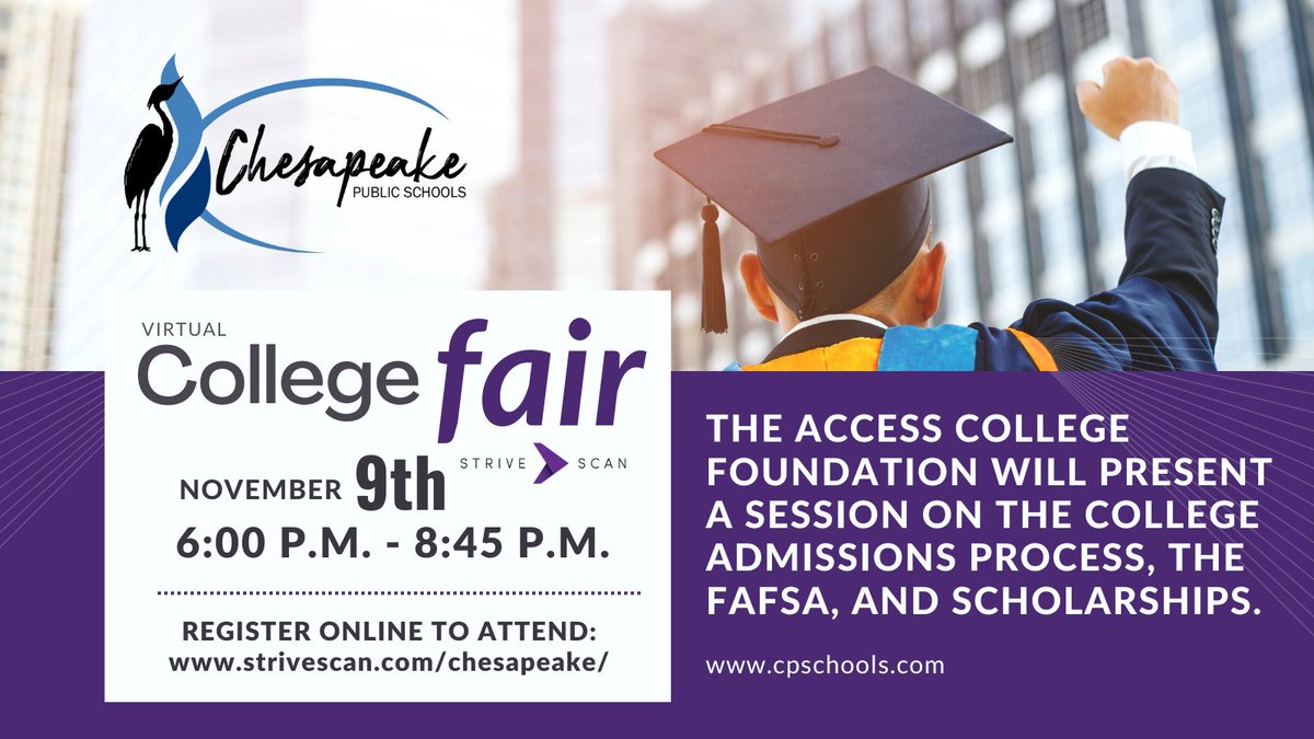 πΎπππ¨ππ₯πππ π ππͺππ‘ππ ππππ€π€π‘π¨ (@cpschoolsva) on Twitter photo Parents and students are invited to join us for a Virtual College Fair experience hosted by <a href="/StriveScan/">StriveScan</a> on November 9, 2022, beginning at 6:00 p.m.
Representatives from <a href="/AccessCollegeFd/">Access College Fd.</a> will also be available.
Register online to attend: strivescan.com/chesapeake/ Parents and students are invited to join us for a Virtual College Fair experience hosted by <a href="/StriveScan/">StriveScan</a> on November 9, 2022, beginning at 6:00 p.m.
Representatives from <a href="/AccessCollegeFd/">Access College Fd.</a> will also be available.
Register online to attend: strivescan.com/chesapeake/