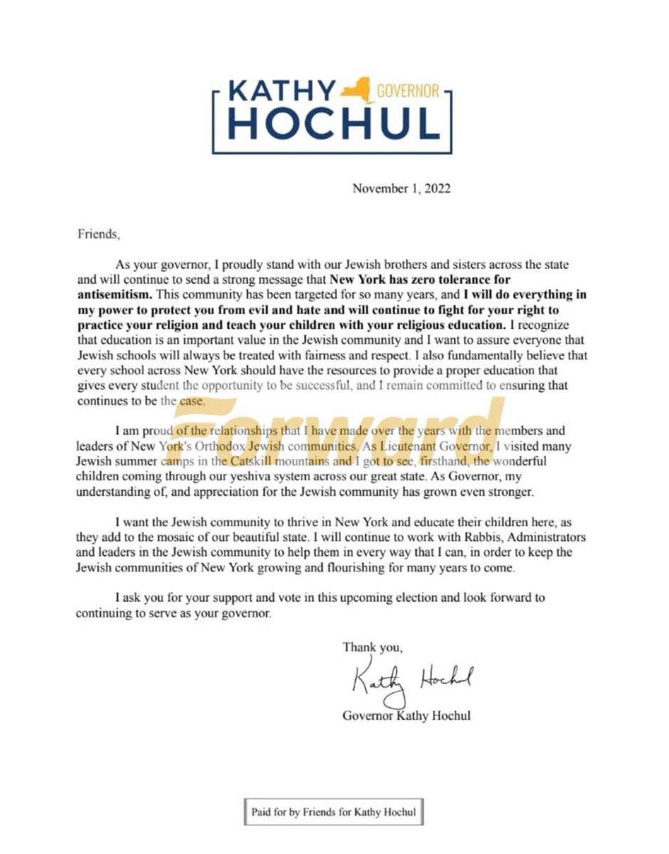 Meanwhile, Gov. Hochul writes in a letter to Orthodox leaders that she recognizes “education is an important value in the Jewish community and | want to assure everyone that Jewish schools will always be treated with fairness and respect.”