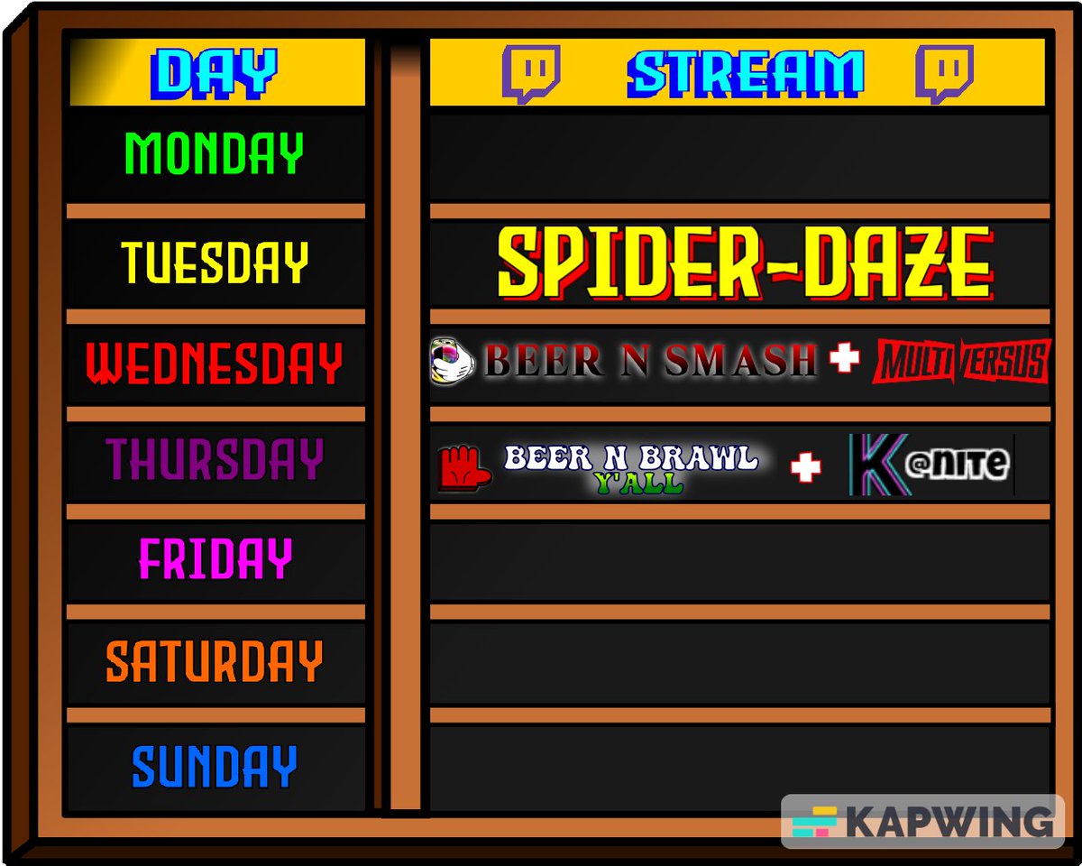 🔥on tap this week🔥 

tues-thurs @ 6:30PM/EST🍺

#SmashBrosUltimate  #nintendo #TwitchStreamers #twitch #Fortnite #streamer #NickAllStarBrawl  #Overwatch2 #MarvelSnap #SpiderMan