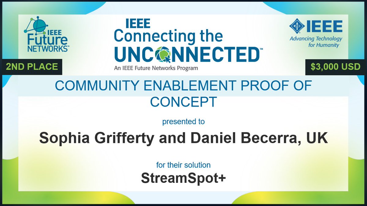 IEEEFutureNtwks's tweet photo. Well done! @StreamSpotPlus @BuffaloGrid on winning 2nd Place, Community Enablement Proof of Concept, in the IEEE Connecting the Unconnected Challenge 2022, for creating units that provide users with offline #connectivity , #digitalcontent , services and #mobile device charge. https://t.co/c1DxGD3qGB