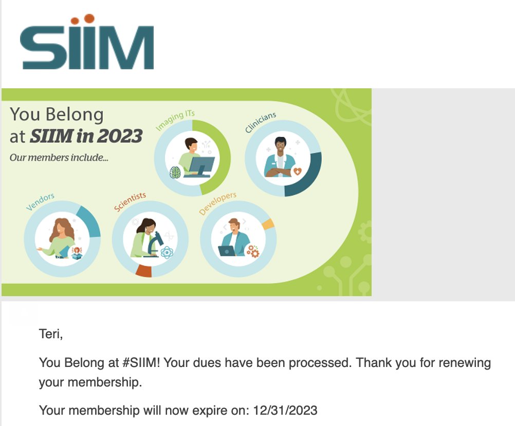 TeriMSippel's tweet photo. Very happy and grateful to renew my SIIM Membership! It is SUCH A BARGAIN! I have learned and continue to learn so much through SIIM. Join us! And, remember, #FreeForStudents! https://t.co/zsA1Z7CVTv