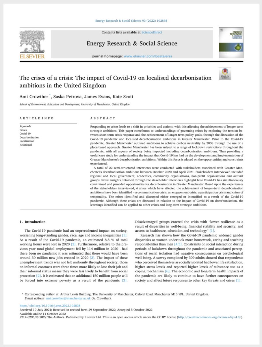 The first paper based upon interviews from my PhD research is out!! 

It looks at the tension between shorter-term crisis response and the achievement of longer-term policy ambitions, drawing upon a case study of Covid-19 and Greater Manchester’s decarbonisation ambitions