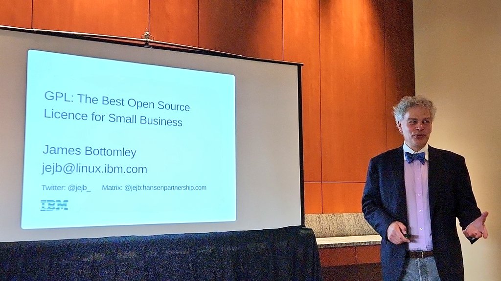 Next up in the Business track of <a href="/AllThingsOpen/">All Things Open</a>, <a href="/jejb_/">James Bottomley</a> from <a href="/IBMResearch/">IBM Research</a> is presenting on why the #GPL is the best FOSS license for small business.

Let's go! I'm peeking into this one for me and <a href="/SiddharthVipul/">Vipul</a> 😉