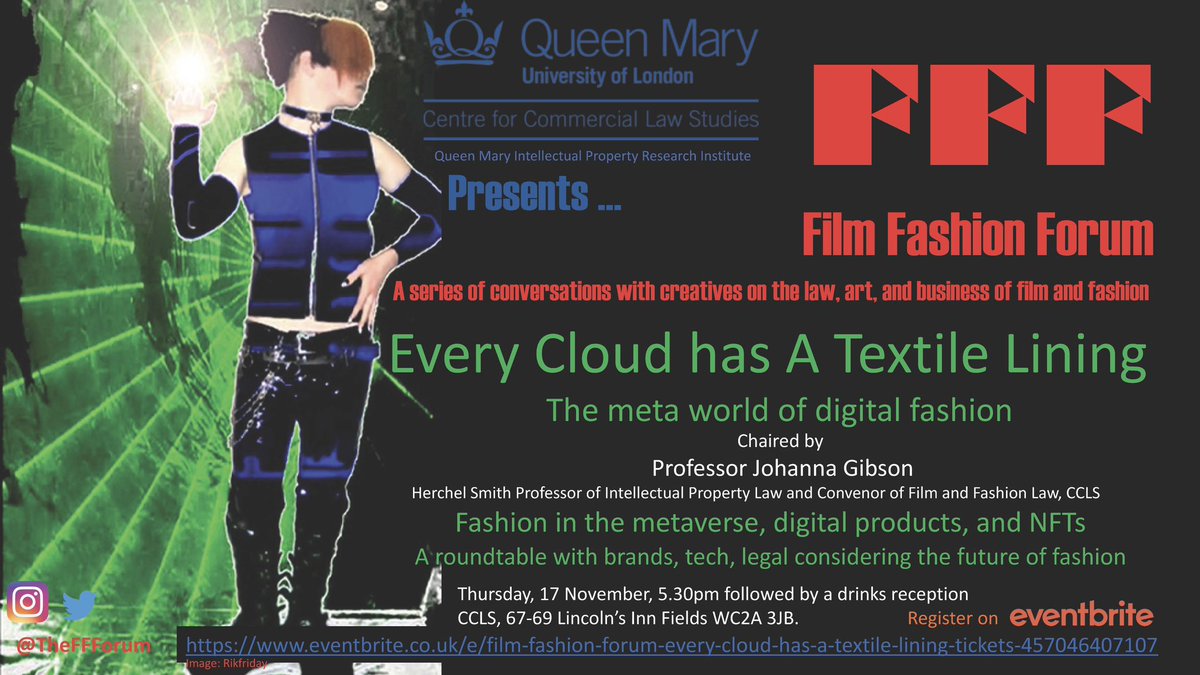Join us for next FFF 17 Nov, 5.30pm - Every Cloud Has a Textile Lining - fashion in the metaverse! The Forum is a free public event, register in link, online attendance also available. Chaired by @ProfJohanna & reception sponsored by @QMIPRI All welcome! eventbrite.com/e/457046407107