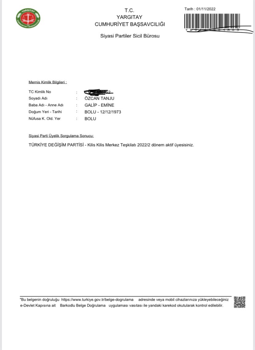 Suriyelilere vatandaşlık dağıtıp, kafalarına göre parti üyelikleri yaparken araya bizi de kaynatmışlar. Bugün E- Devlet sorgulamamda öğrendim; CHP üyeliğim TDP üyeliğe çevrilmiş. Üstelik 10 yıldır gitmediğim Kilis’ten. Kim ne oyun oynadıysa hesabını yargı önünde verecek.