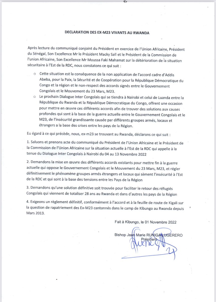 MartialMukeba's tweet photo. 🚨 Déclaration attribuée aux Ex -#M23 vivants au #Rwanda🇷🇼 signée par Jean Marie #Runiga ancien président de la branche politique de cette rébellion dirigée militairement à l’époque par Bosco Ntaganda https://t.co/SJFu1zJptu