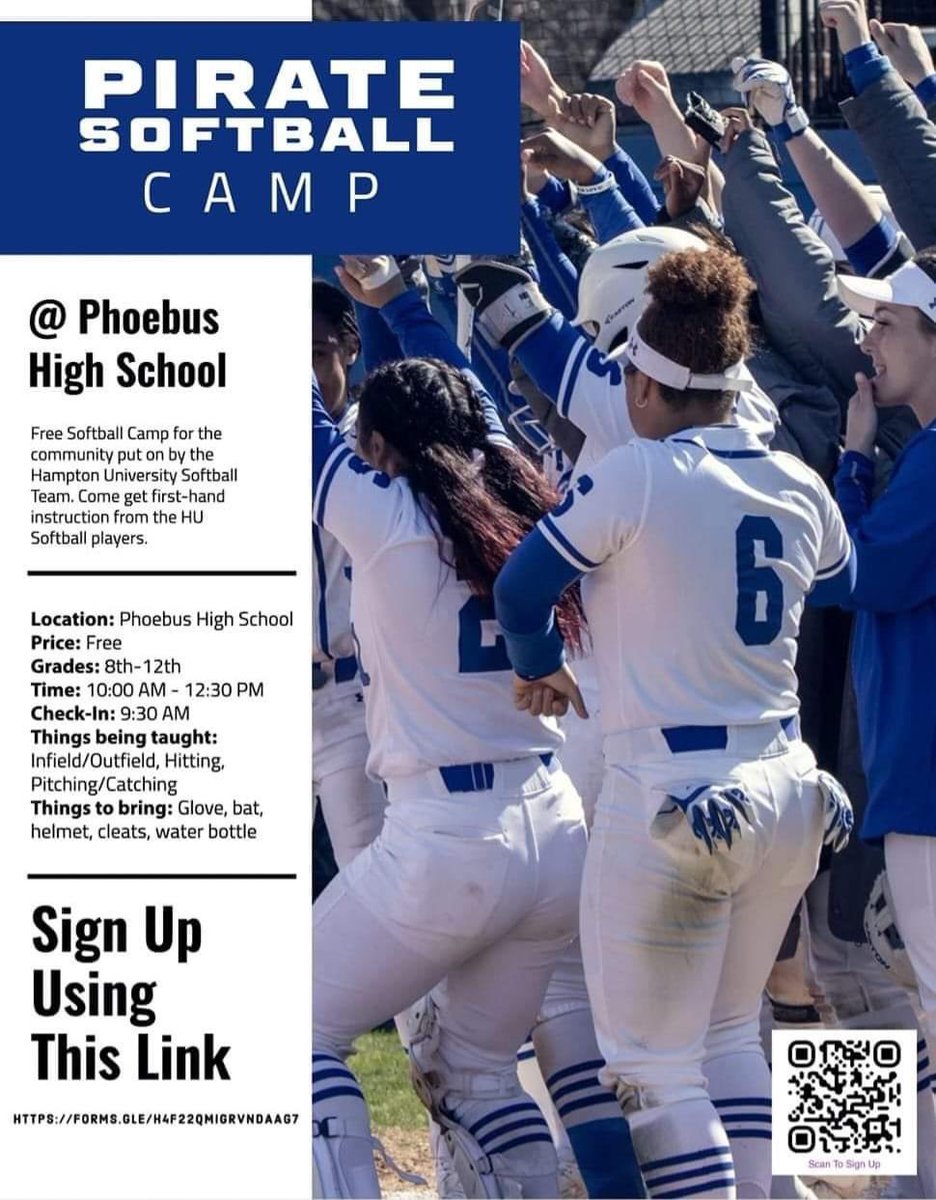 Hampton University offering a Softball Camp for 8th-12th graders on 11/19 at Phoebus High School,  10am-12:30pm. Use the QR code to register.