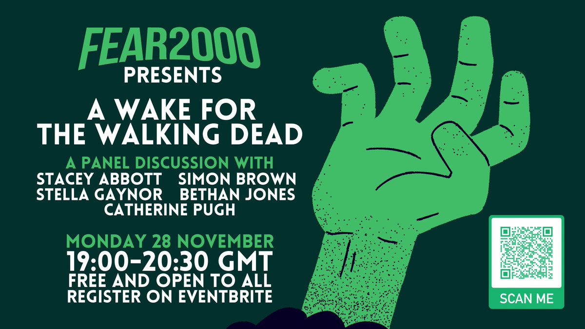 Announcing an upcoming Fear 2000 event! On 28 Nov we’ll be hosting an online panel discussion to mark the end of THE WALKING DEAD, featuring <a href="/StaceyAbbottRU/">Stacey Abbott</a>, Simon Brown, <a href="/StellaGaynor/">Stella Marie Gaynor</a>, Bethan Jones &amp; <a href="/CatherinePugh86/">Catherine Pugh</a>. Register for free ➡️ (eventbrite.com/e/fear-2000-pr…). 🧟‍♂️  #fear2000