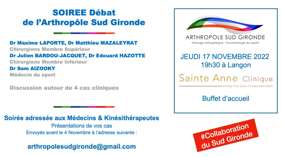ArthropoleSG's tweet photo. Save the date ! 
Jeudi 17 Novembre 2022 19h30
#collaborationsudgironde

#arthropolesudgironde
#chirepaulelangon
#entorsegenou
#cliniquesainteannelangon https://t.co/CdZUWSdgd3