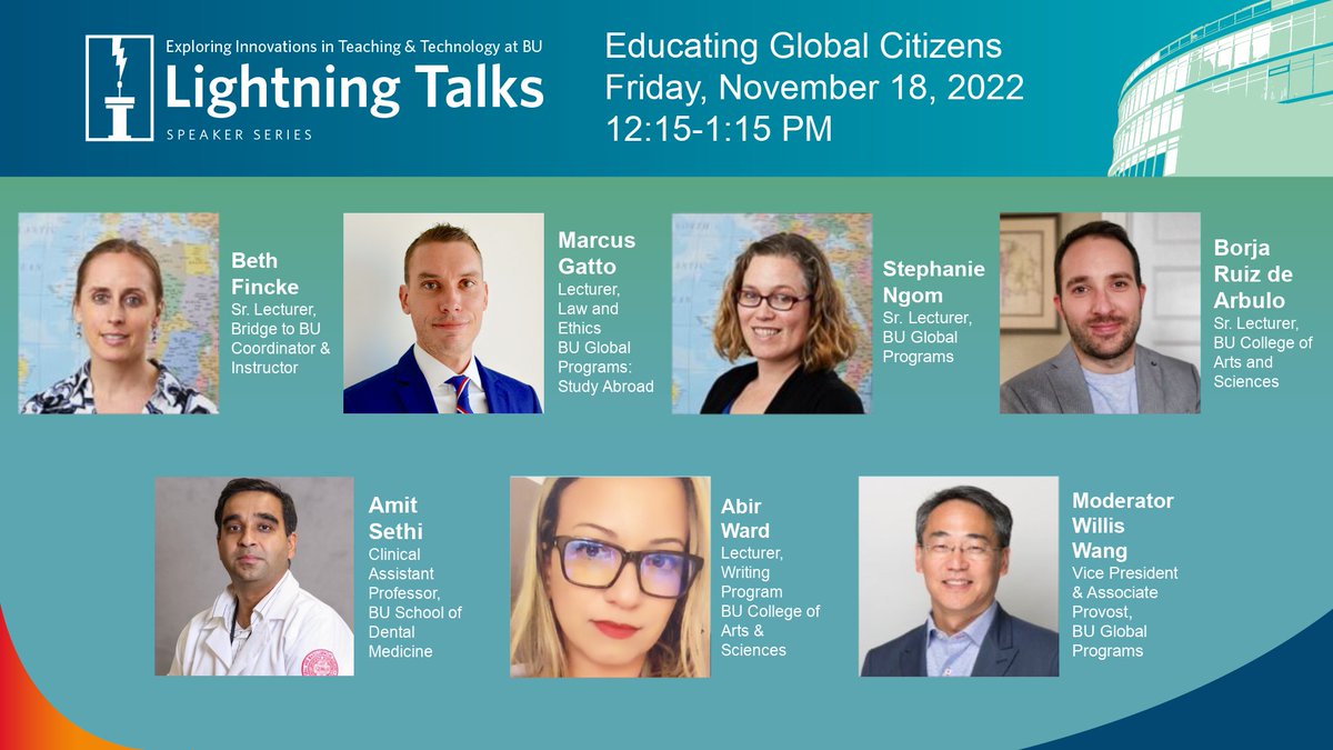 Educating Global Citizens Lightning Talks Panel Spotlight 🌐🌟! Welcome @bu_cas Borja Ruiz de Arbulo & Abir Ward, @budental Amit Sethi, #BU Global Programs Marcus Gatto, Beth Fincke, Stephanie Ngom & Moderator VP/Assoc. Provost Willis Wang. Info ⬇️ bit.ly/3RTKO5A @bu_ctl