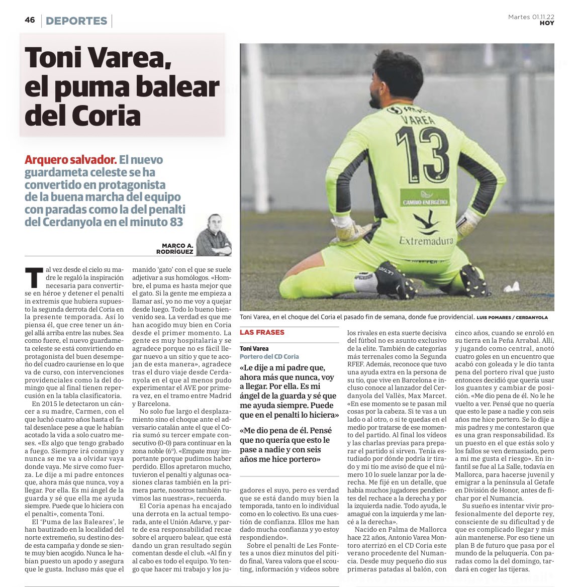 🧤 SE DESATA LA TONIMANÍA A ORILLAS DEL ALAGÓN

📰 <a href="/hoyextremadura/">Diario HOY</a> y <a href="/hoy_marcoarn/">Marco Antonio Rodríguez</a> dedican este reportaje a <a href="/ToniVarea1/">Toni Varea</a>, tras su gran comienzo de temporada y su penalti atajado en Cerdanyola.

🧑🏻‍💻 hoy.es/deportes/futbo…

📲 #Prensa #Medios #SiempreContigoCORIA