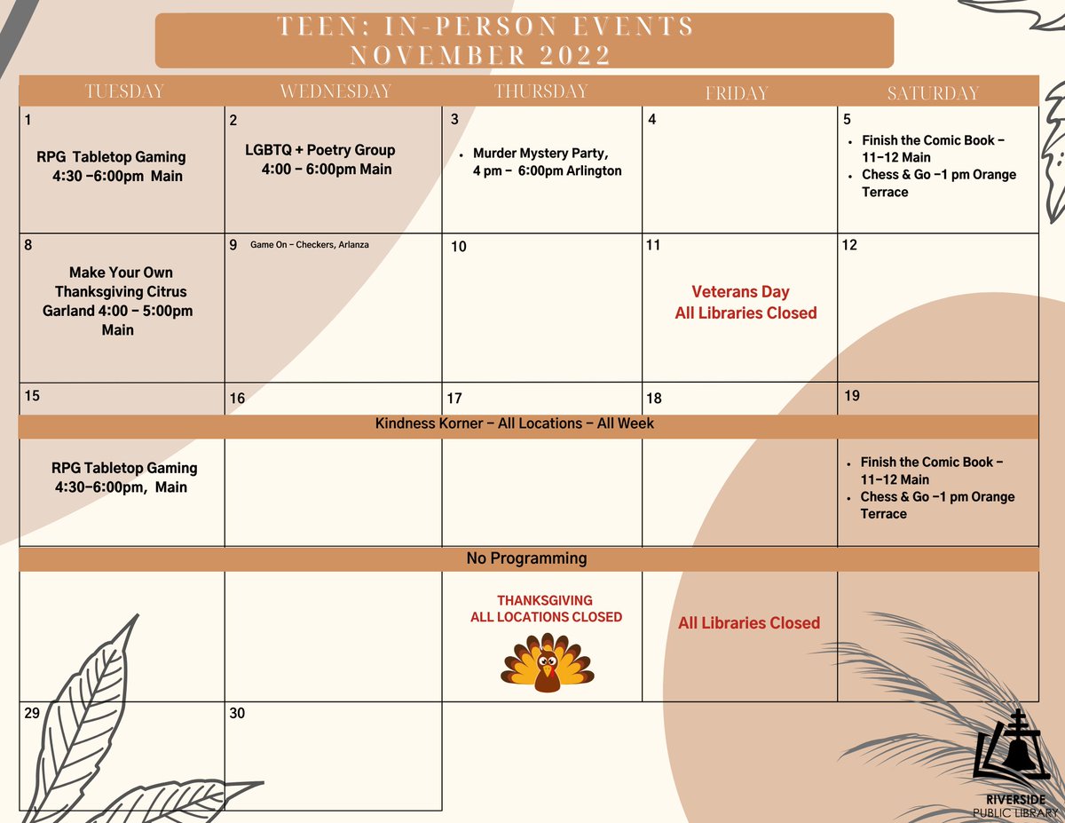 RivLibrary's tweet photo. Hello November 🍂

Stop by any of our 8 branches  and pick up a copy of our in-person event calendar for this month! 

#RivLibrary #Calendarofevents https://t.co/pT33TNkoqk
