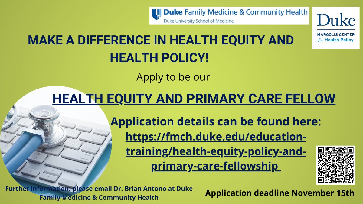 DukeMargolis's tweet photo. Duke-Margolis and Duke Family Medicine &amp; Community Health are hiring for a Health Equity and Primary Care Fellow. Apply now at https://t.co/Hmars7t0aO 
 #primarycare #dukemedicine #healthequity #fellowship #fellow #dukemargolis #healthpolicy #familymedicine #dukehealth https://t.co/Uu4q57KfZv