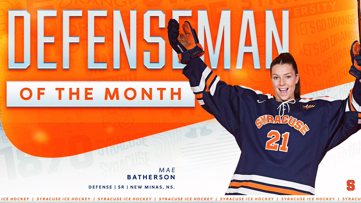 Syracuse Ice Hockey (@cuseice) on Twitter photo Your October CHA Defenseman of the Month👏👏👏 Congrats, <a href="/MBatherson/">Mae Batherson</a>!
🔗: bit.ly/3WpHuCO
#ichuSe Your October CHA Defenseman of the Month👏👏👏 Congrats, <a href="/MBatherson/">Mae Batherson</a>!
🔗: bit.ly/3WpHuCO
#ichuSe