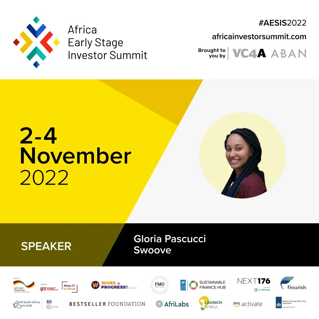 We're pleased to have Gloria Pascucci CEO of <a href="/swoovedelivery/">Swoove</a> on the speaker lineup for #AESIS2022 🚀
_
Don't miss the kick-off starting tomorrow 2-4 November, 2022
Location: Hybrid
Join the conversation 📢 africainvestorsummit.com