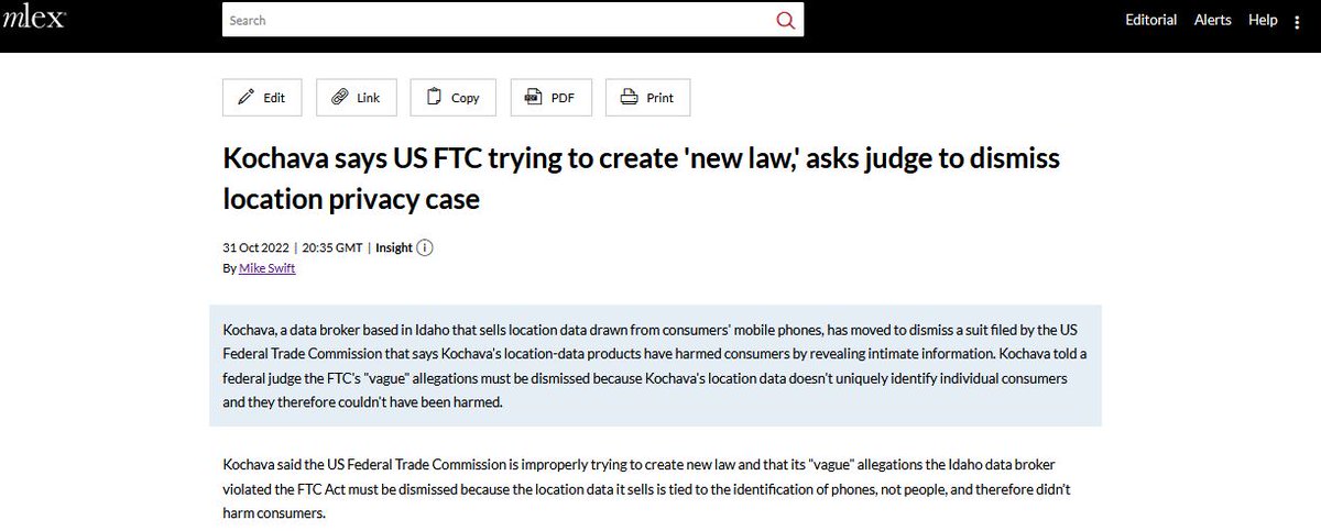 Swiftstories's tweet image. Very interesting motion to dismiss filed by @kochava in Coeur d’Alene, Idaho against @FTC #privacy unfairness #litigation over collection and sale of #geolocationdata content.mlex.com/#/content/1420… This is going to be a super interesting case to watch.