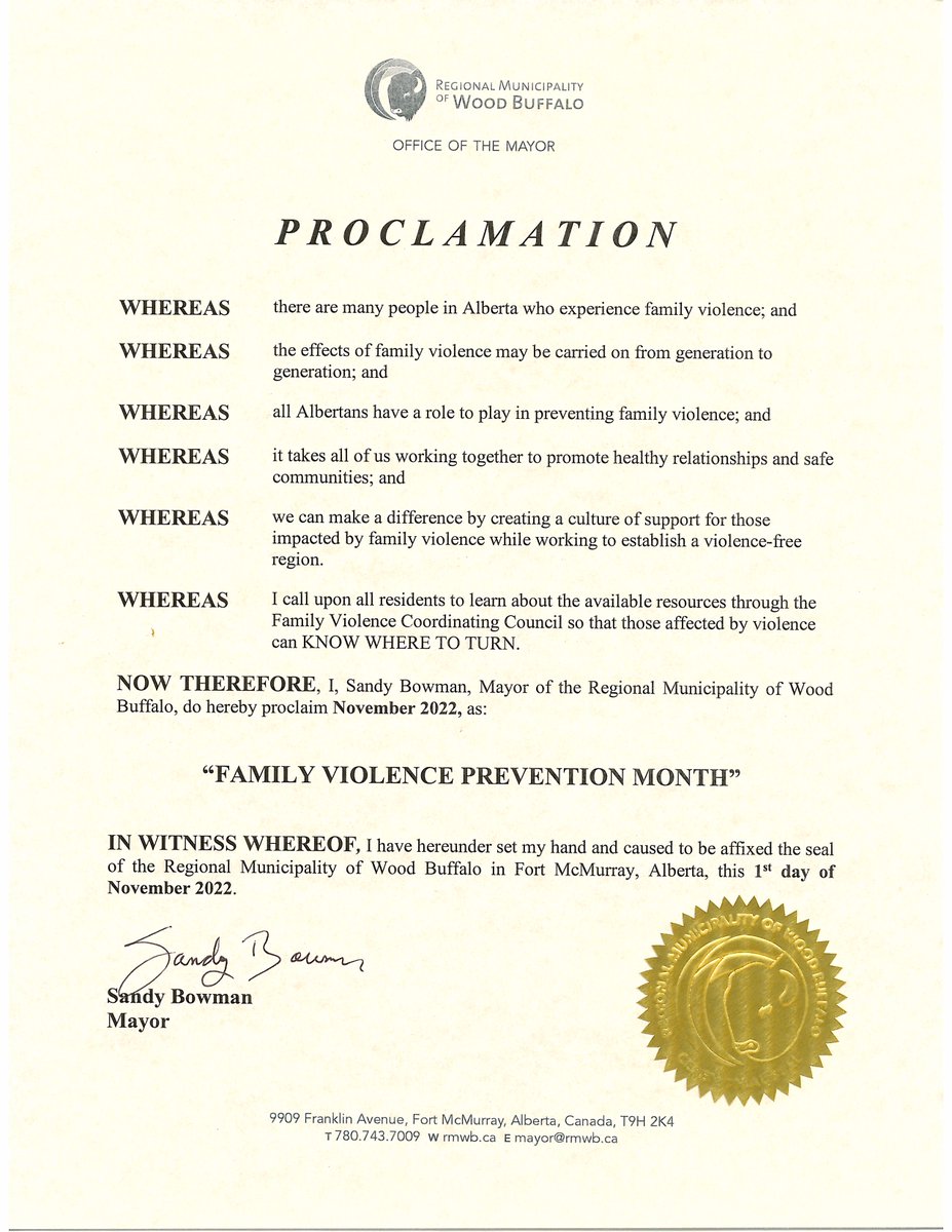 Mayor Bowman has proclaimed November 2022 as Family Violence Prevention Month in the region. All residents are encouraged to learn about available resources through the Family Violence Coordinating Council so those affected by violence Know Where to Turn. #rmwb #ymm