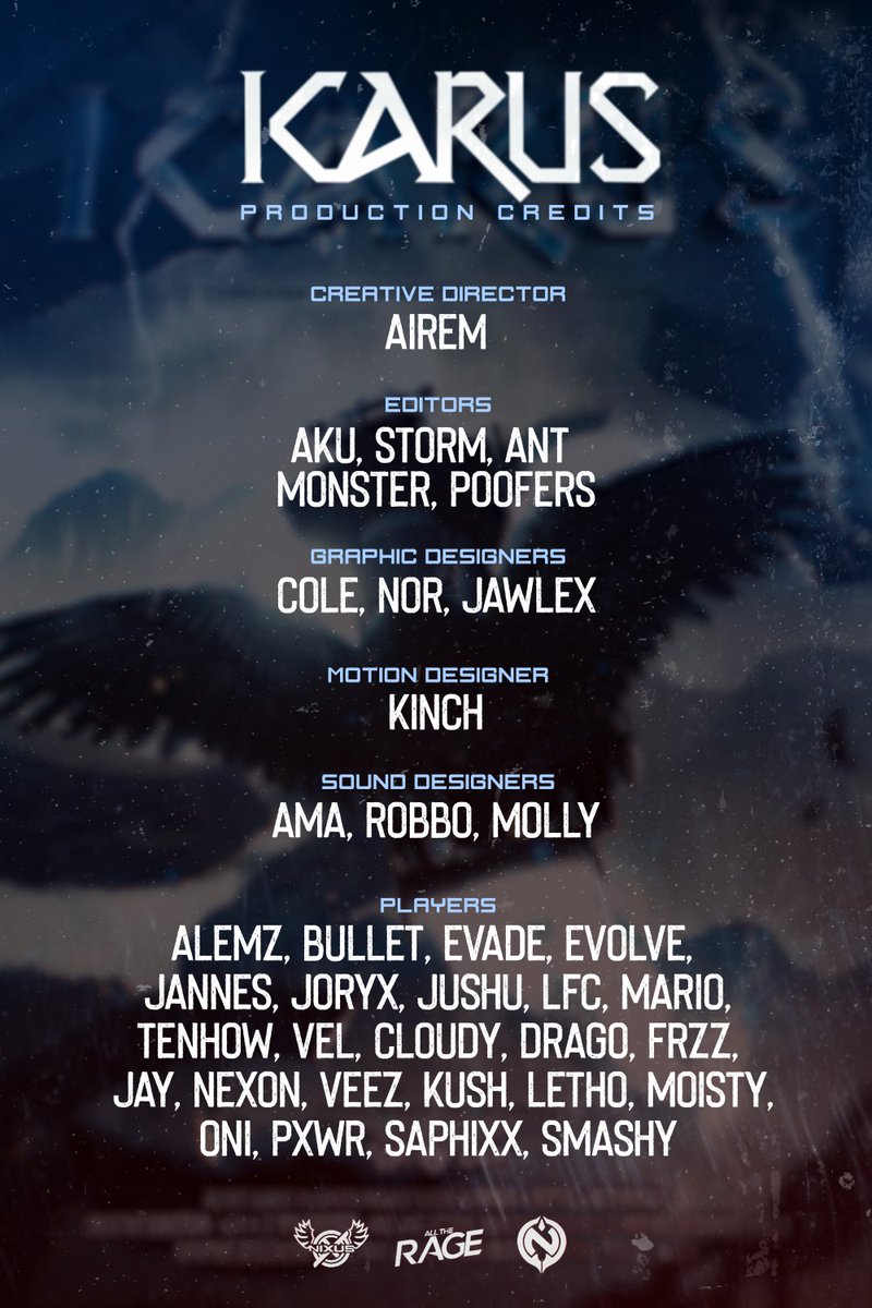 // ICARUS - END CREDITS 

Here is the team behind project ICARUS 📽️💢
We are massively thankful for everyone's hard work and appreciate the collaboration to create production value that is worth showcasing to our community.

#BringTheRAGE #BreakTheBoundaries