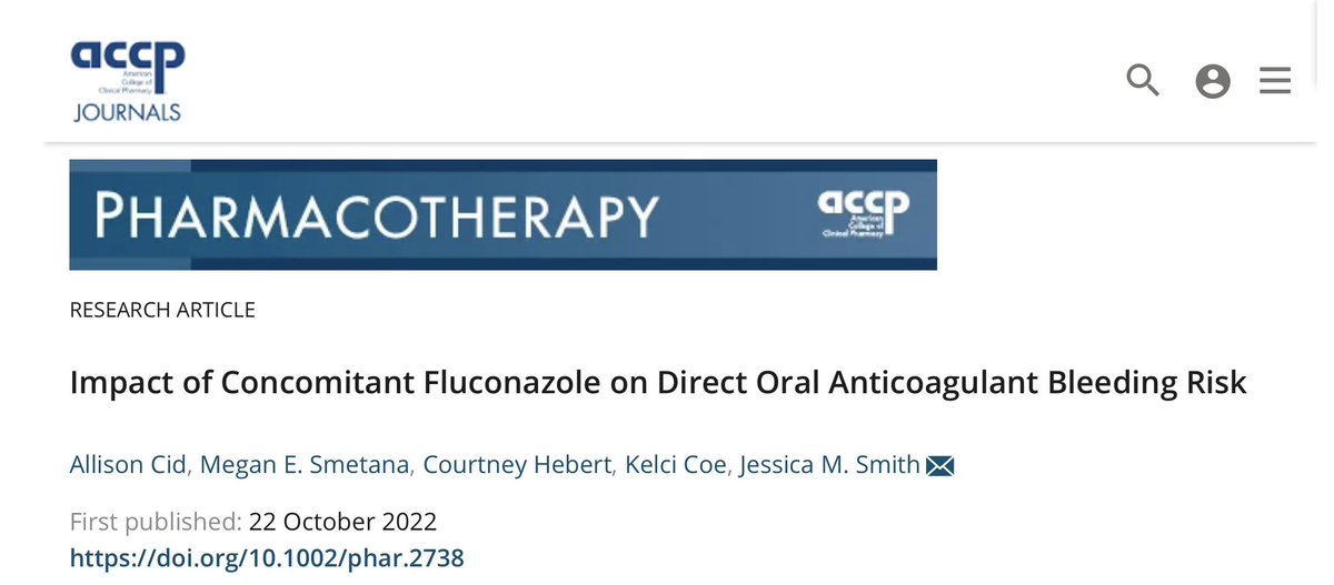 In our retrospective study (n= 216), we found no increased risk of bleeding at 30 days in DOAC (apixaban or rivatoxaban) + fluconazole cohort compared to DOAC alone after controlling for confounding variables. Thankful for awesome team and for pub! <a href="/JessIDPharmD/">Jessica Smith</a> @mesmetana <a href="/ACCP/">ACCP</a>