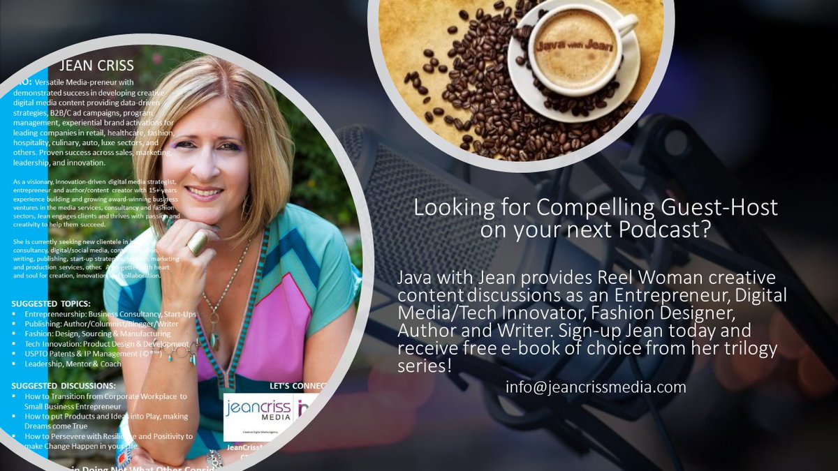 jean_criss's tweet image. Follow upcoming Podcasts 
#PanelInterview #RoslynKahn Nov 3rd 
#MeetTheElite #JillNicolini Nov 8 #EmpoweringWomenTransformingLives #RebeccaHallGruyter Nov17 
#podcasts #enterpreneurship #media #reelwomen #discussions #womeninbusiness #womenownedbusiness