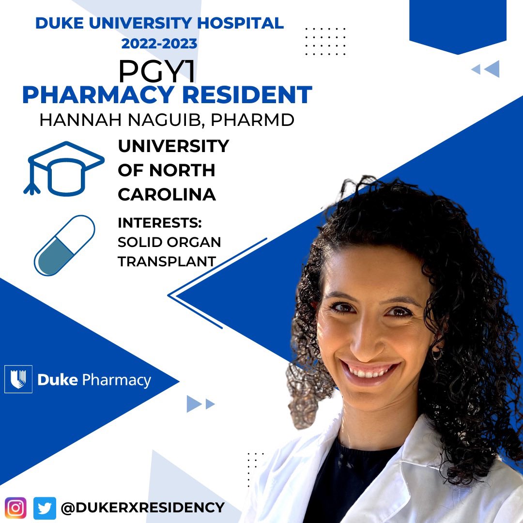 dukerxresidency's tweet photo. Today, we are featuring PGY1 Resident Hannah Naguib!๐กLike a couple of her co-residents, Hannah joins us from @UNCPharmacy. Her practice interests include Solid Organ Transplant ๐ and Pediatric Medicine ๐ถ Please help us welcome Hannah to Duke! ๐ตโช๏ธ #dukerx #dukerxresidency https://t.co/J8Tn6zkBnZ