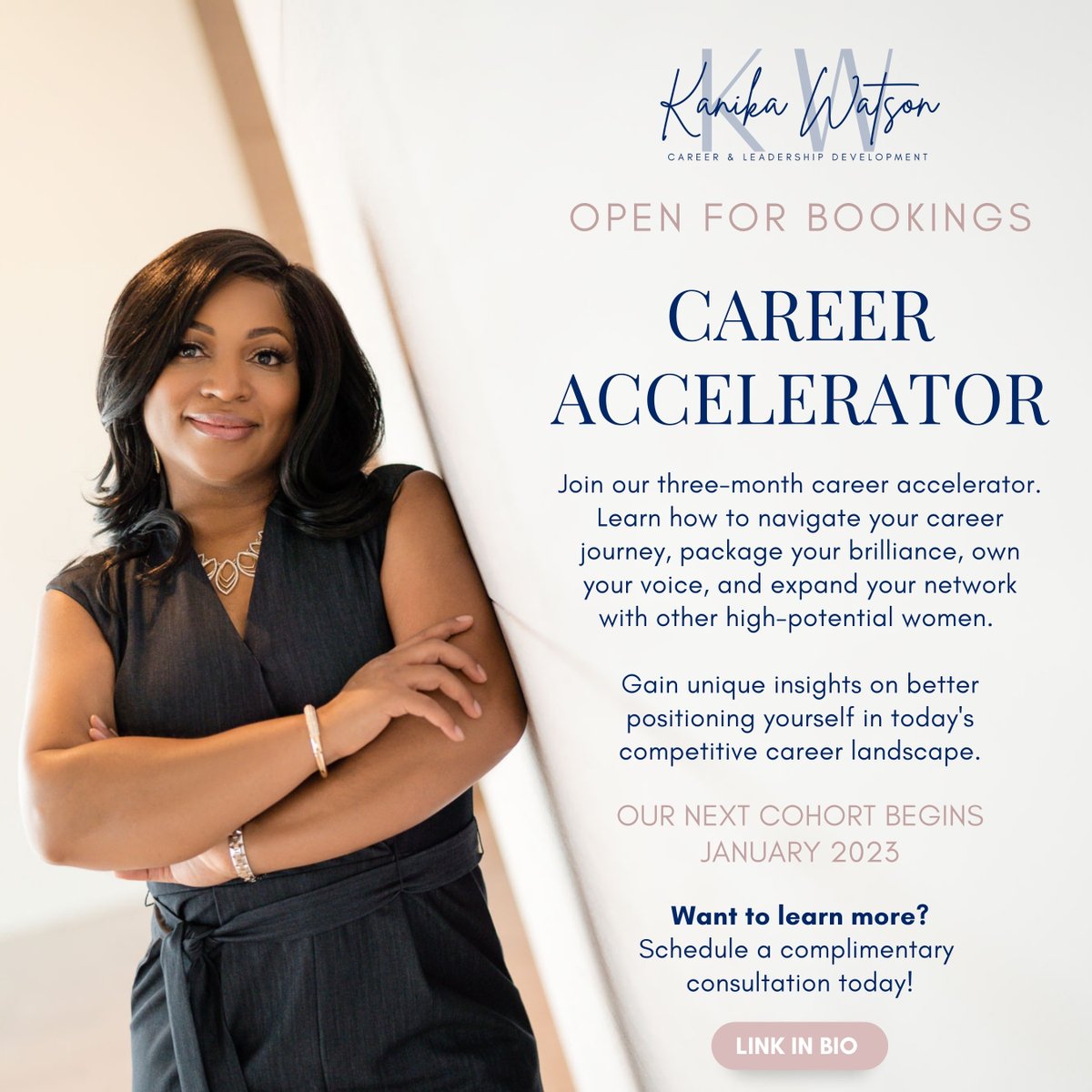 KanikaWatson's tweet photo. Enrollment is now open for our Career Accelerator starting in January 2023. If you are an ambitious woman seeking clarity to define your boldest vision for career success, this is an opportunity you don't want to pass up. Learn more: 🔗 https://t.co/31NTWiW5CA https://t.co/mrRD3lOhgG