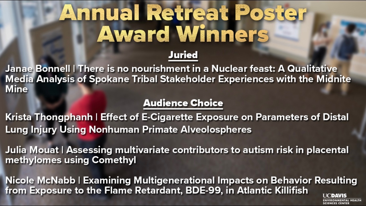 UCDavisEHSC's tweet photo. In recognition of high-quality science and potential for impact in the field of Environmental Science the EHSC would like congratulate the following winners from our Annual Retreat poster competition. We are grateful to the @UCDavisResearch for their support of the competition https://t.co/jrmalUrBSz