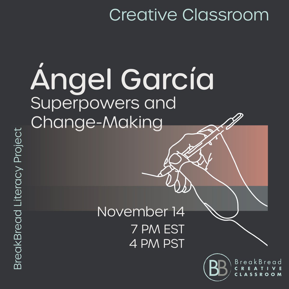 BreakBreadProj's tweet image. What’s your superpower? Join us for a Creative Classroom led by Ángel García to explore our powers as writers and imagine how we can use them to change the world!

#virtualevent #writingworkshop #poetry #creativewriting #writingcommunity #prose #youngcreatives #writinginspiration