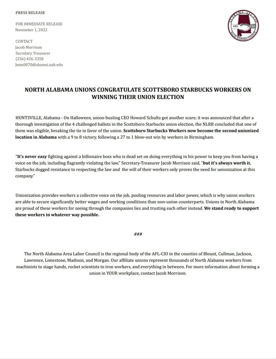 The Valley Labor Report (@laborreporters) on Twitter photo NEW: North Alabama Unions Congratulate <a href="/SBWorkersUnited/">Starbucks Workers United</a> <a href="/SCTstarbucks/">Scottsboro Alabama Starbucks Workers United</a> on Winning Their Union Election NEW: North Alabama Unions Congratulate <a href="/SBWorkersUnited/">Starbucks Workers United</a> <a href="/SCTstarbucks/">Scottsboro Alabama Starbucks Workers United</a> on Winning Their Union Election