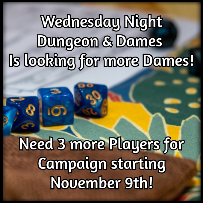 SnFMeadery's tweet photo. We have a new Dungeon Master, Sabrina, starting a new campaign on Wednesdays for Dungeons &amp; Dames Night starting November 9th! And we are looking for a few more players to join the adventure!

Fill out the form from the link below if you are interested! 
https://t.co/nknGK9vOZy https://t.co/BM6XcJBRhV