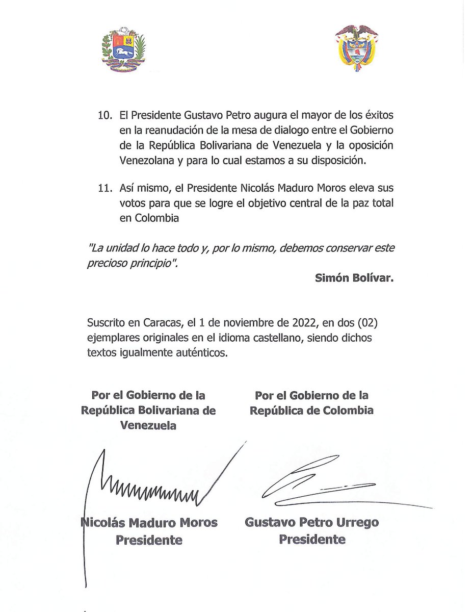 Esta es la Declaración Conjunta firmada este #1Nov, por Colombia y Venezuela, que da inicio a una nueva época de cooperación conjunta entre pueblos hermanos. Es el encuentro de dos naciones unidas por el hilo conductor de la historia.