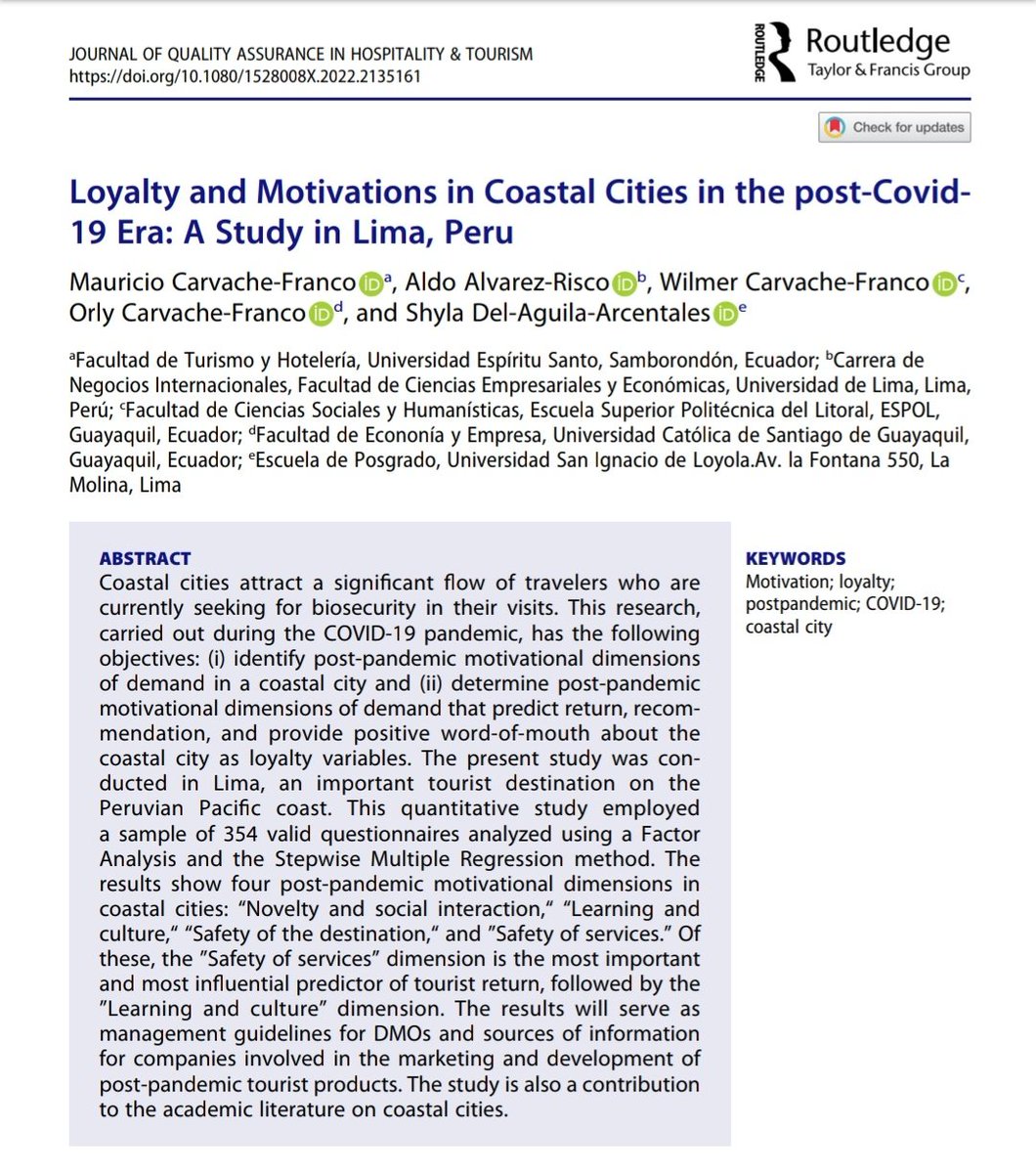 Con investigadores de la Universidad de Lima (Perú), realizamos un estudio en Lima y publicamos nuestro nuevo artículo que trata de la lealtad y motivaciones en la época pospandemia para visitar una ciudad Costera.  
<a href="/espol/">ESPOL</a> <a href="/FCSHEspol/">Espol-Facultad de Ciencias Sociales y Humanísticas</a>
Link:
tandfonline.com/eprint/MURYFUH…