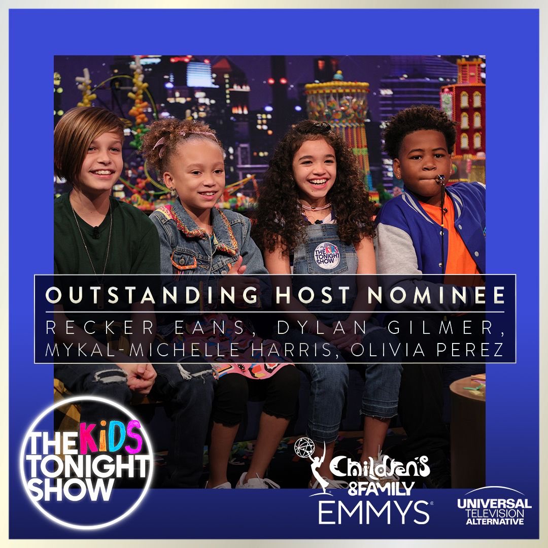 Congrats to #TheKidsTonightShow's Recker Eans, Dylan Gilmer, Mykal-Michelle Harris &amp; Olivia Perez for their Children’s &amp; Family Emmy® Award nomination for Outstanding Host! This is the first standalone expansion since 1979, celebrating the best in children’s &amp; family programming.