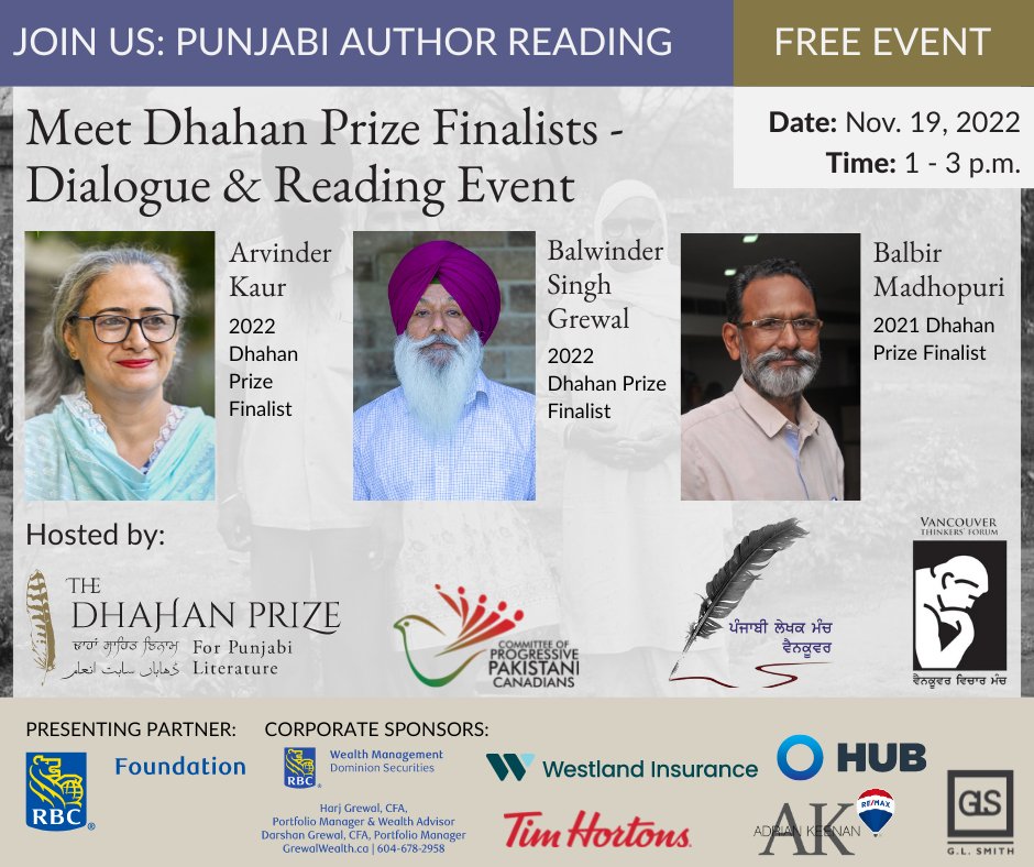 DhahanPrize's tweet photo. Meet Dhahan Prize Finalists on November 19, 2022 at Surrey Library, City Centre Branch, Meeting Room 120, from 1 - 3 p.m.
Authors will dialogue and read works of literature.
#punjabiauthors #punjabibooks #punjabilanguage #punjabi #literature #surreylibrary #surreybc https://t.co/7LiJ9d7Uq3