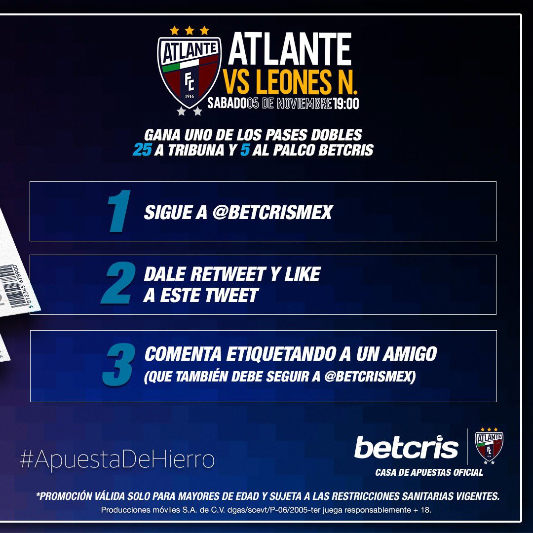 Atlante's tweet photo. ¡Apoya en su cancha al Atlante con Betcris! 🎟️🎟️ 

🏟️ Ganar uno de los 25 pases dobles en tribuna para nuestro partido de este sábado frente a Leones Negros es muy fácil:

(1 de 2) https://t.co/utKb7fPEpE