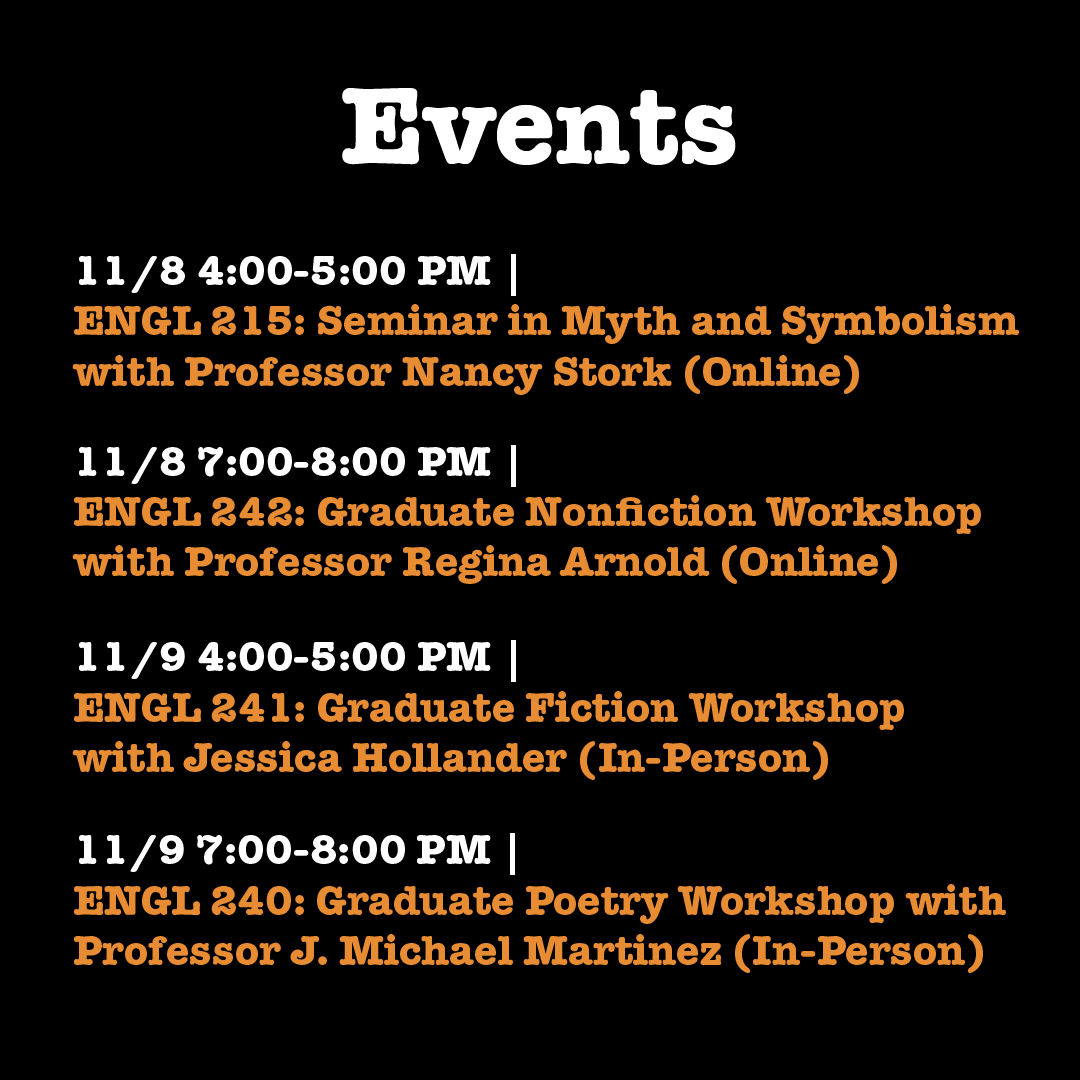 sjsu_english's tweet image. Don't forget to join us for Creative Writing Week next week!!! Email english@sjsu.edu to RSVP.